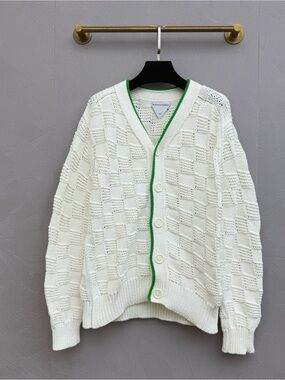 Bottega Veneta Cream Knit Cardigan with Green Trim